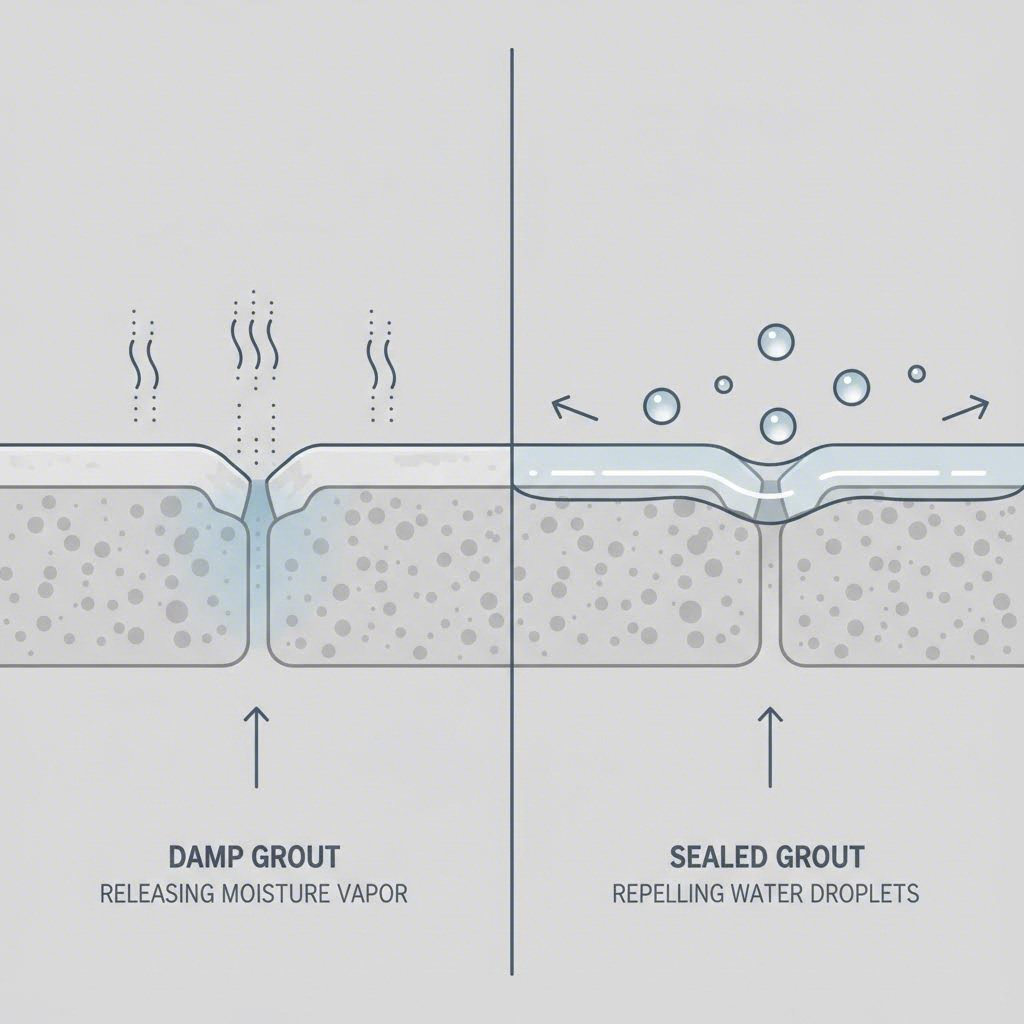 cross section diagram comparing curing grout release moisture vs sealed grout