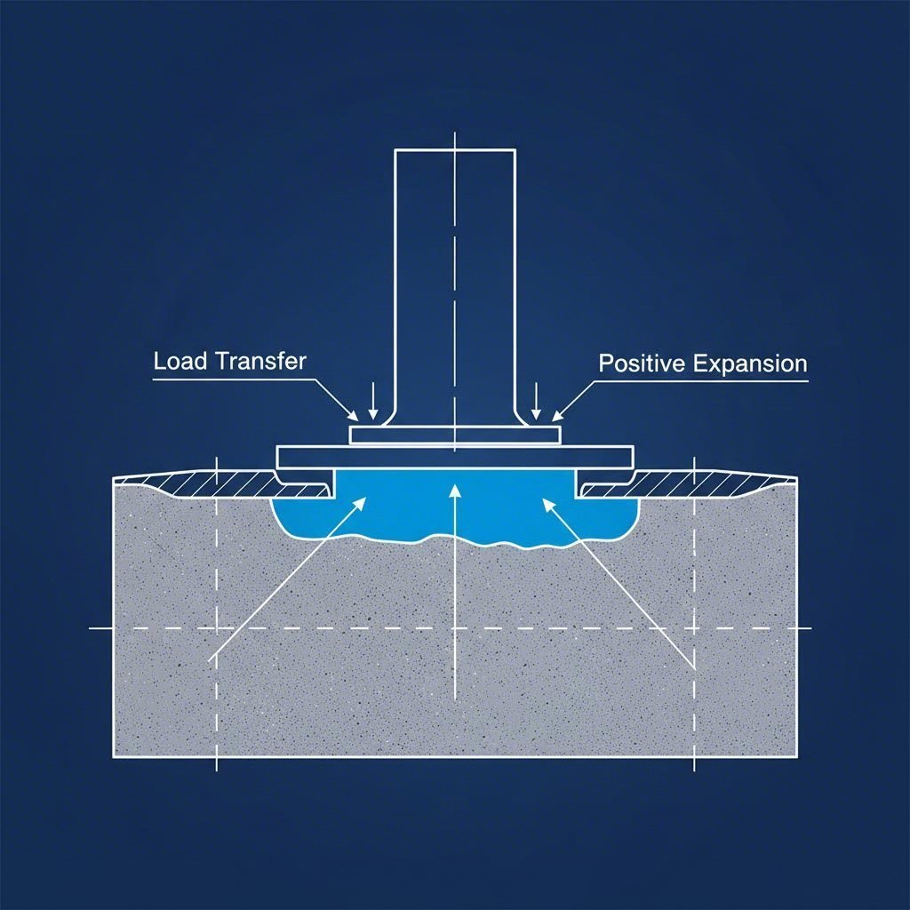 cross section diagram illustrating how non shrink grout fills voids under structural load bearing plates