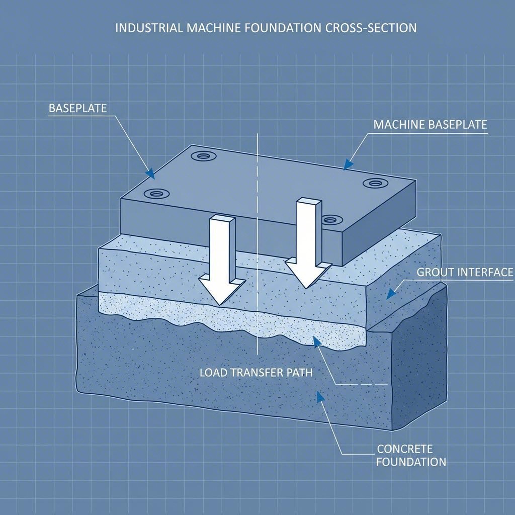 Non-Shrink Grout for Equipment Foundations: Selection & Installation cross section of machinery foundation showing proper grout placement