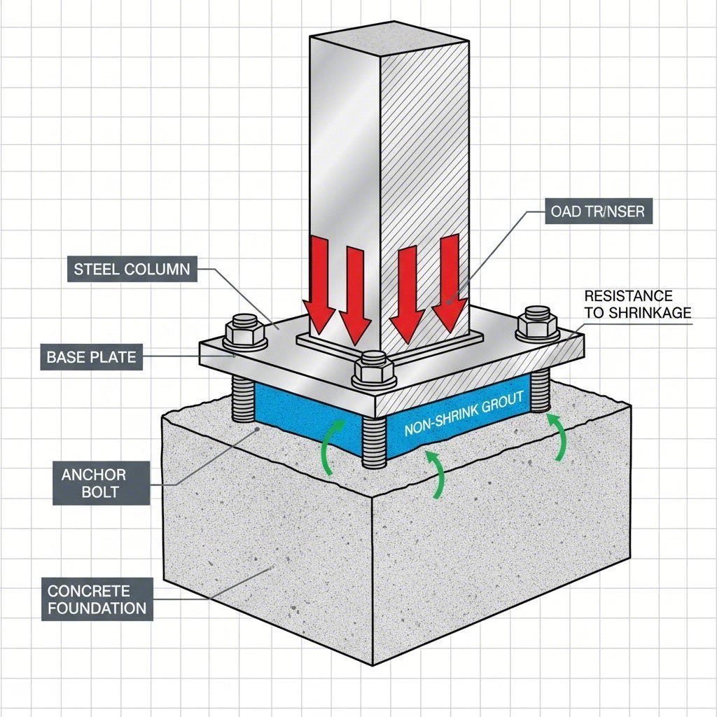 cutaway diagram illustrating non shrink grout transferring load from a steel column to the foundation