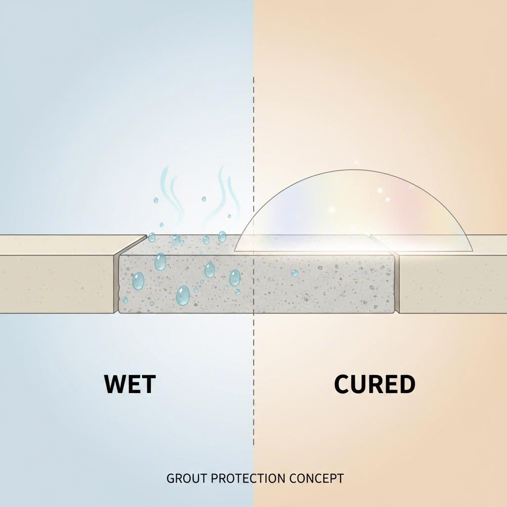 diagram comparing wet curing grout versus fully dry and sealed grout