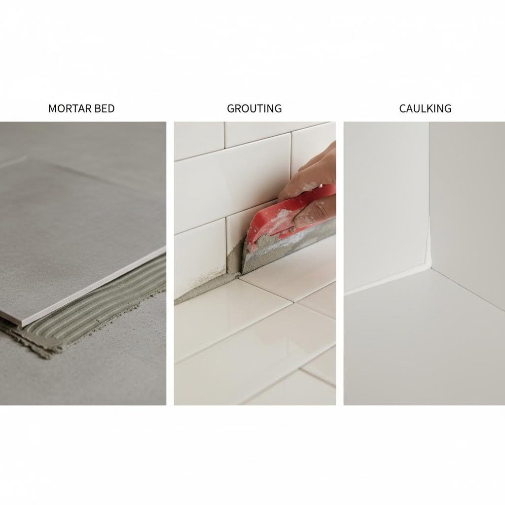 visual comparison of mortar grout and caulk applications in tiling.