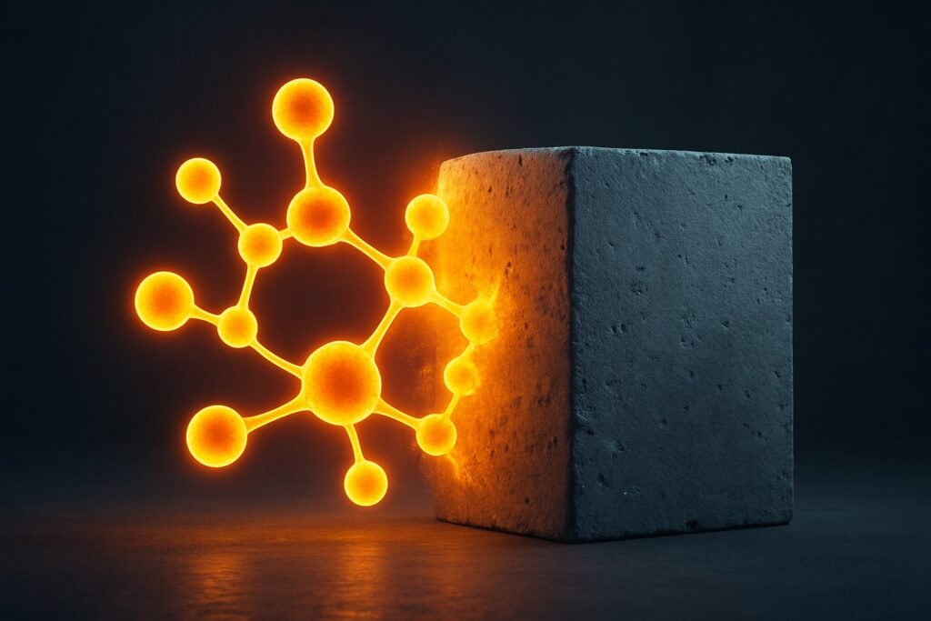 abstract representation of chemical molecules merging with a solid concrete structure