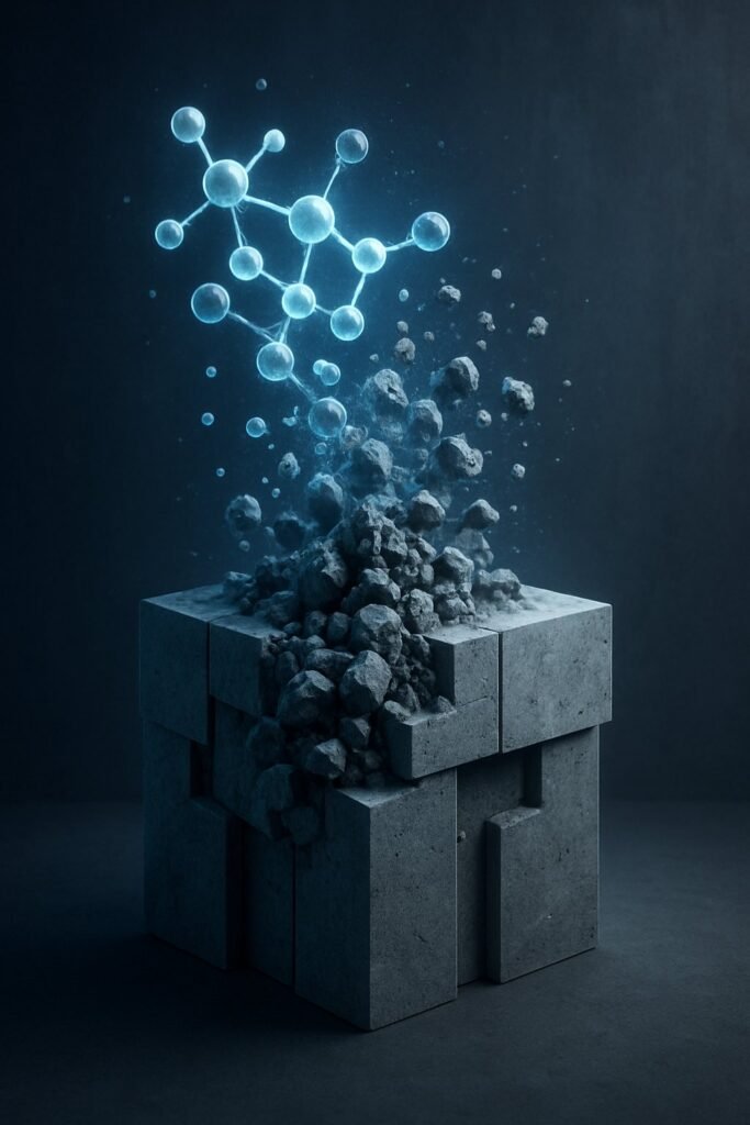 conceptual representation of chemical and mineral elements merging to strengthen a concrete matrix
