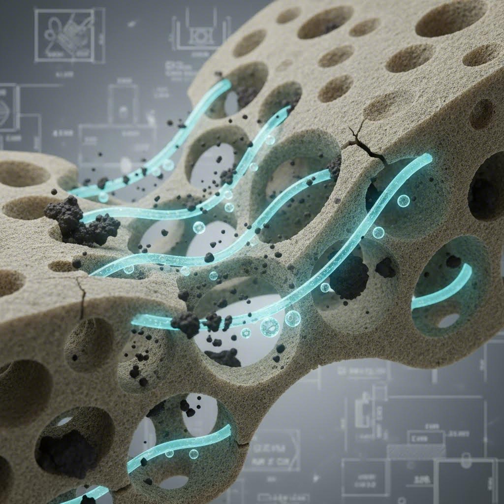 microscopic view illustrating how porous materials absorb liquids and trap contaminants beneath the surface
