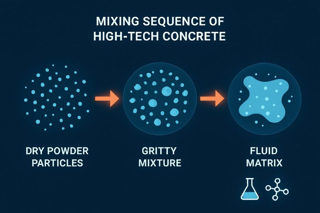 the transition from dry powder to a fluid matrix requires high shear mixing and precise chemical admixture sequencing