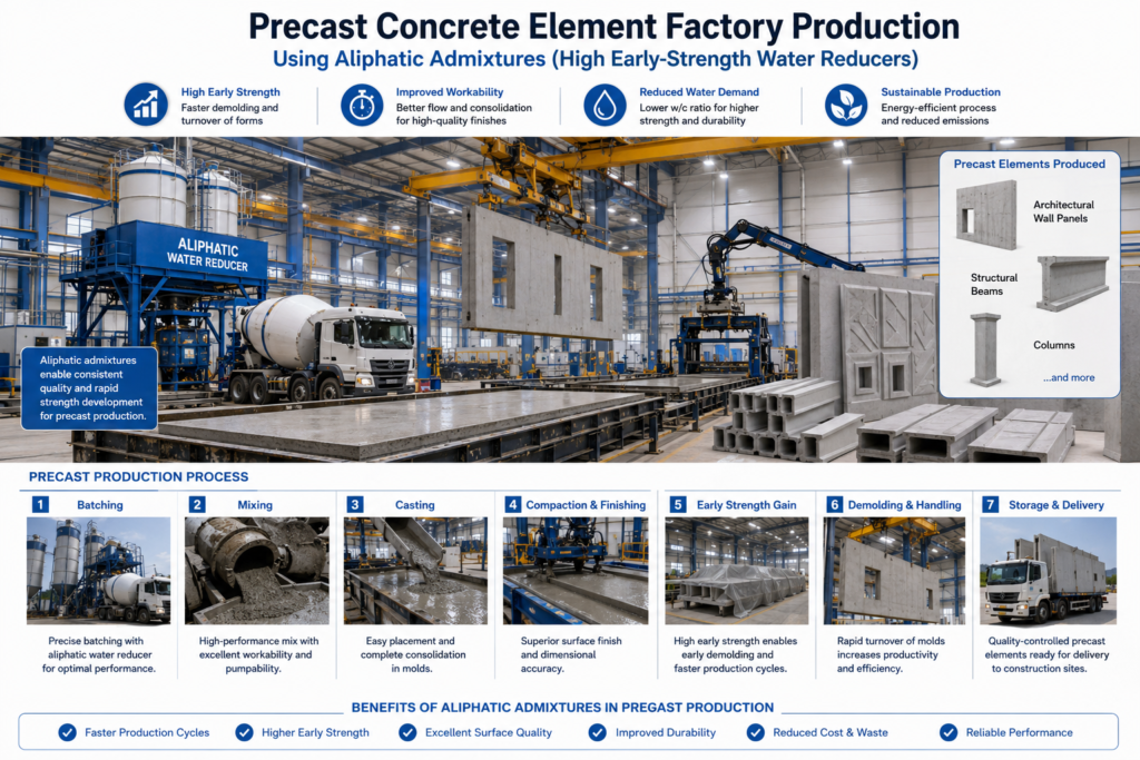 What Are Aliphatic and Sulfamate Water Reducers? What Are Their Specific Application Scenarios in 2026? automated precast concrete plant manufacturing architectural panels and structural beams utilizing high early strength aliphatic water reducers