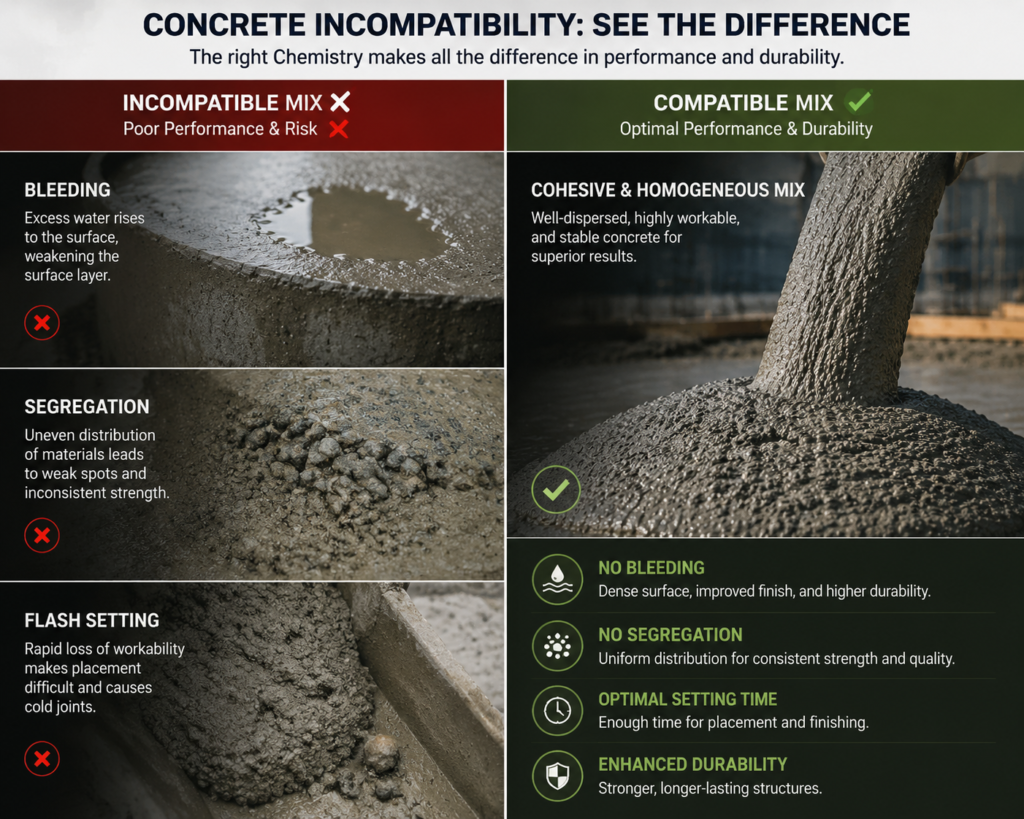 How to Resolve Cement-Admixture Incompatibility? (A Step-by-Step Practical Troubleshooting Guide) cement admixture incompatibility manifestations showing concrete bleeding, segregation, and flash setting versus a healthy cohesive concrete mix.