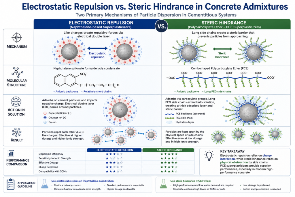 comparison chart between electrostatic repulsion and steric hindrance mechanisms in concrete superplasticizers