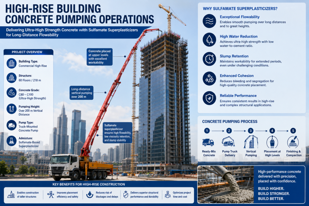 What Are Aliphatic and Sulfamate Water Reducers? What Are Their Specific Application Scenarios in 2026? concrete pump truck delivering ultra high strength concrete to the upper levels of a skyscraper utilizing sulfamate superplasticizers for long distance flowability