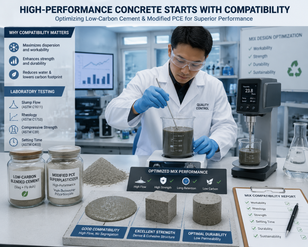 concrete quality control engineer testing the compatibility of low carbon blended cement with modified polycarboxylate superplasticizer.