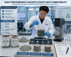 Concrete Quality Control Engineer Testing The Compatibility Of Low Carbon Blended Cement With Modified Polycarboxylate Superplasticizer 300x240