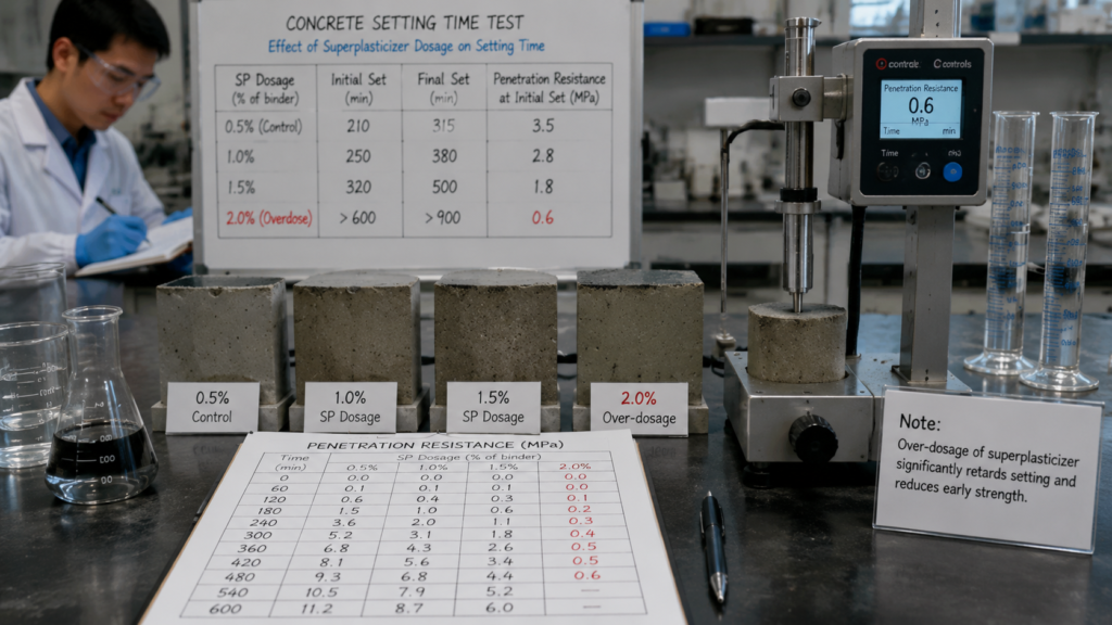 What Are the Consequences of Overdosaging Water Reducers? How to Salvage Over-Dosaged Concrete in an Emergency? concrete setting time penetration resistance test under superplasticizer overdose