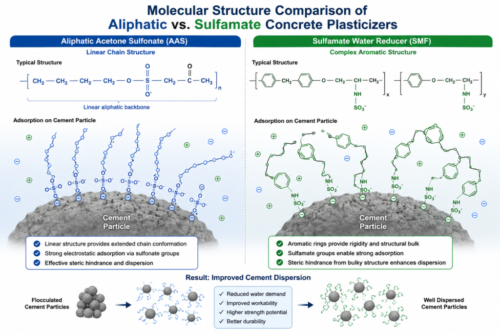 What Are Aliphatic and Sulfamate Water Reducers? What Are Their Specific Application Scenarios in 2026? diagram illustrating the linear chain of aliphatic acetone sulfonate versus the complex aromatic rings of sulfamate water reducer polymers adsorbing on cement particles