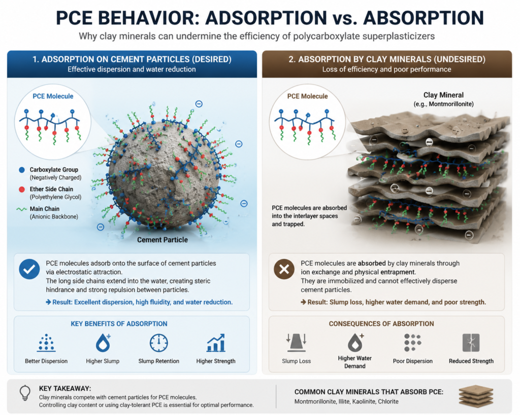 How to Resolve Cement-Admixture Incompatibility? (A Step-by-Step Practical Troubleshooting Guide) diagram showing polycarboxylate superplasticizer (pce) molecules adsorbing on cement particles versus being absorbed and trapped by clay mineral layers.