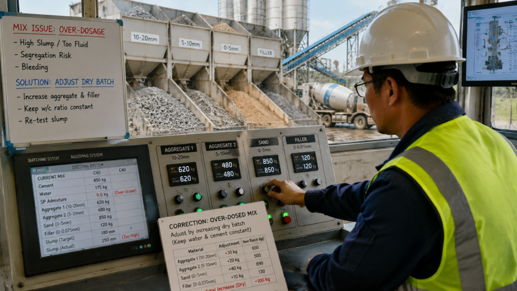 What Are the Consequences of Overdosaging Water Reducers? How to Salvage Over-Dosaged Concrete in an Emergency? dry batching correction for concrete admixture overdosage in batching plant
