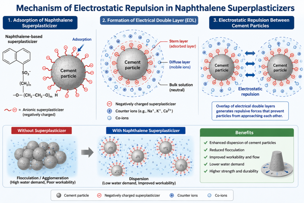 electrostatic repulsion mechanism of naphthalene based concrete water reducer showing electrical double layer and cement particle dispersion.