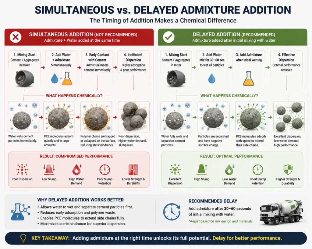 How to Resolve Cement-Admixture Incompatibility? (A Step-by-Step Practical Troubleshooting Guide) flowchart illustrating the chemical difference between adding concrete admixtures simultaneously with water versus a delayed addition method.