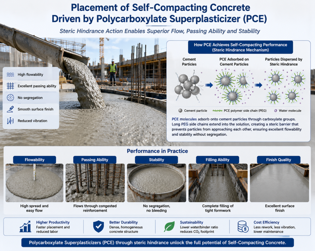 fresh self compacting concrete flowing smoothly on a construction site due to steric hindrance action of pce admixture