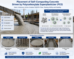Fresh Self Compacting Concrete Flowing Smoothly On A Construction Site Due To Steric Hindrance Action Of PCE Admixture 300x240