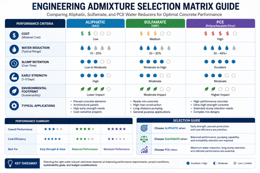 What Are Aliphatic and Sulfamate Water Reducers? What Are Their Specific Application Scenarios in 2026? infographic chart comparing aliphatic, sulfamate, and pce water reducers based on cost, water reduction, slump retention, and environmental footprint
