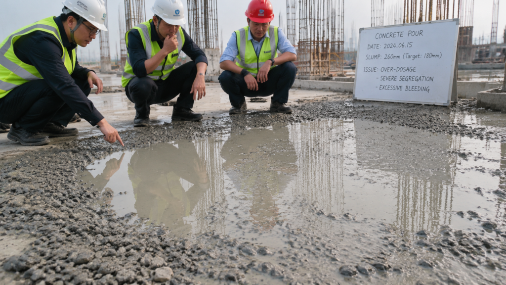 What Are the Consequences of Overdosaging Water Reducers? How to Salvage Over-Dosaged Concrete in an Emergency? over dosaged concrete with severe segregation and bleeding water on surface