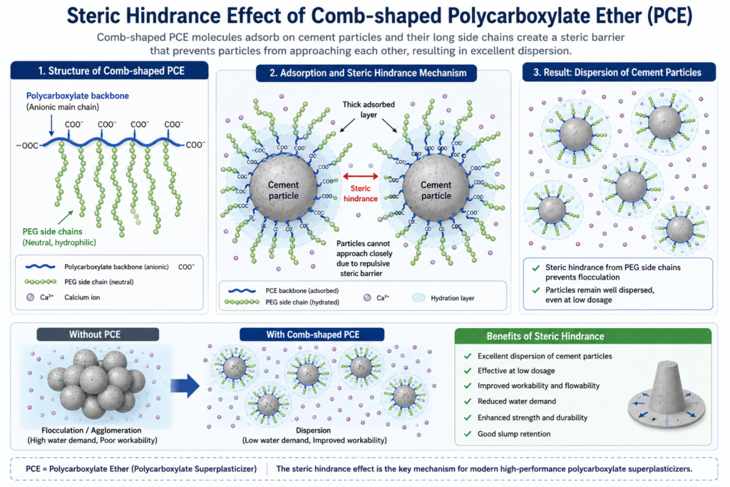 steric hindrance mechanism of polycarboxylate superplasticizer showing comb like molecular structures and peg side chains dispersing cement