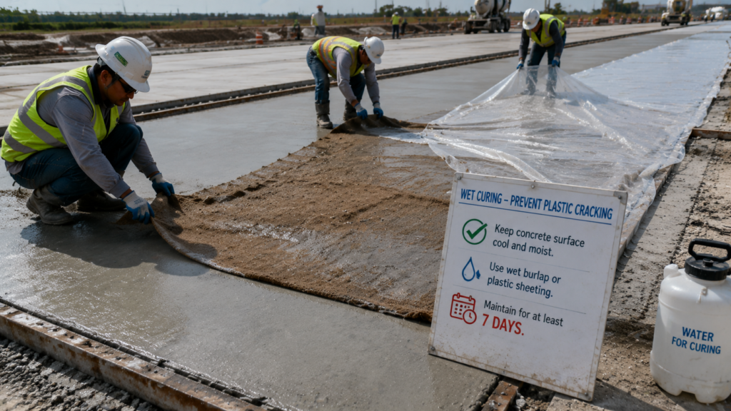 What Are the Consequences of Overdosaging Water Reducers? How to Salvage Over-Dosaged Concrete in an Emergency? workers applying wet burlap and plastic curing sheets to concrete pavements to prevent plastic cracking. alt tag wet curing of concrete to mitigate plastic shrinkage cracking