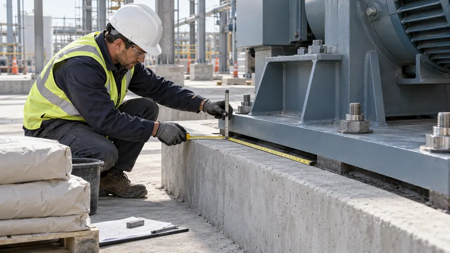 - Engineer measures an equipment base to calculate non-shrink grout quantity