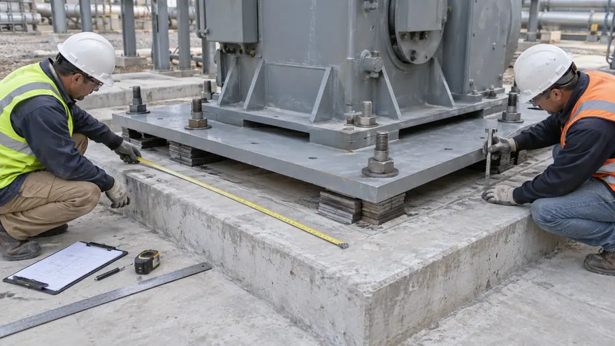 Technicians measure the baseplate footprint and grout gap at several points