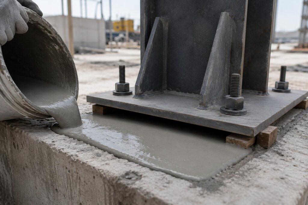 Non shrink grout installation beneath an industrial equipment base plate