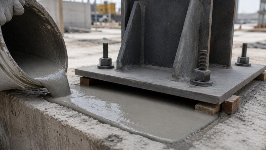 Non shrink grout installation beneath an industrial equipment base plate